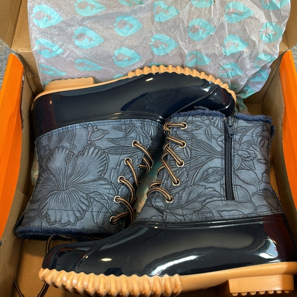 Sporto Navy Blue Floral Tooled Bella Waterproof Lace-Up Duck Boot Zipper… - Picture 4 of 8